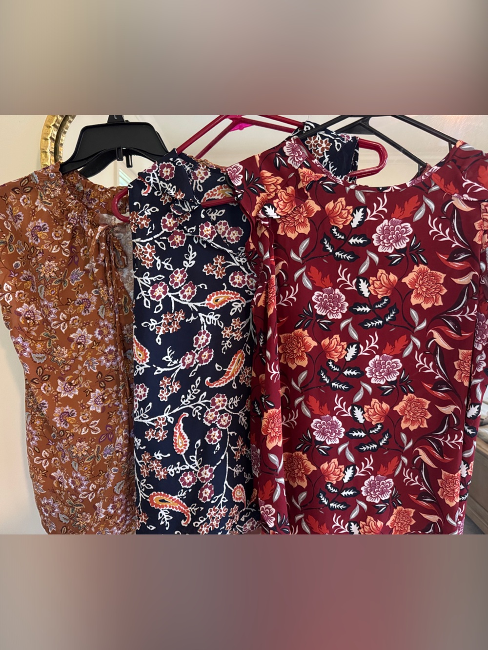 3 LOFT Floral Short-Sleeve Blouses- Burgundy, Navy, Rust like new
